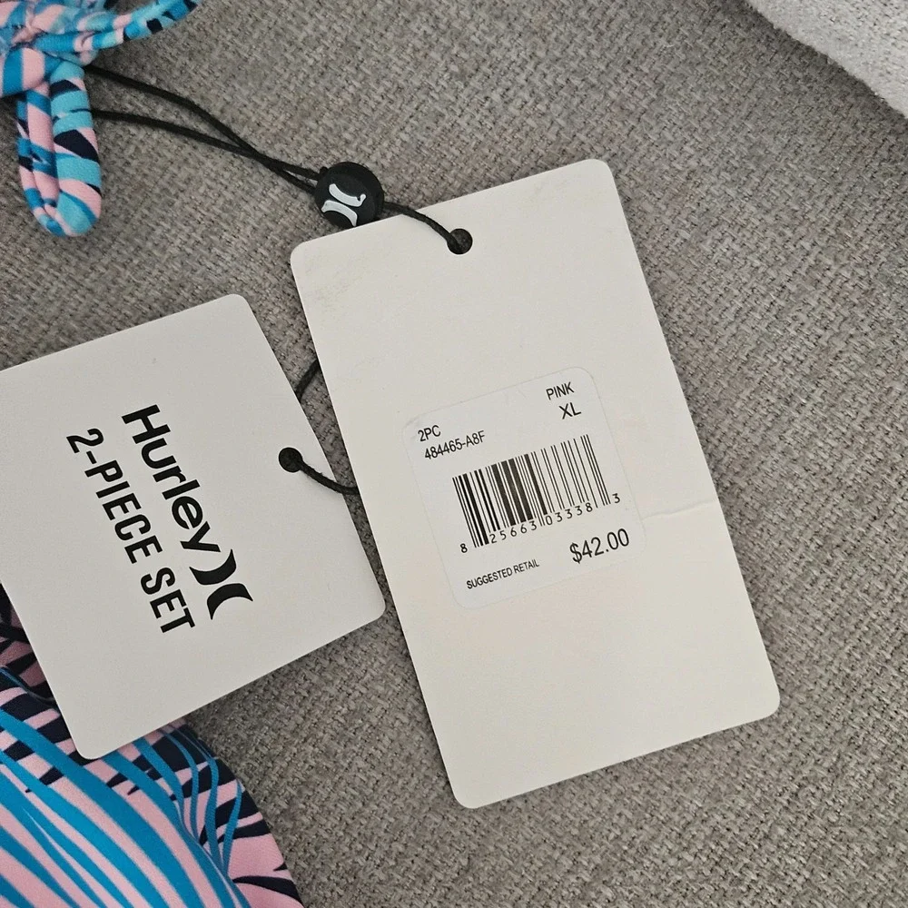 Hurley Girls XL 13-15Y‎ Pink Blue Tropical Palm 2-Piece Bikini Swimsuit NEW